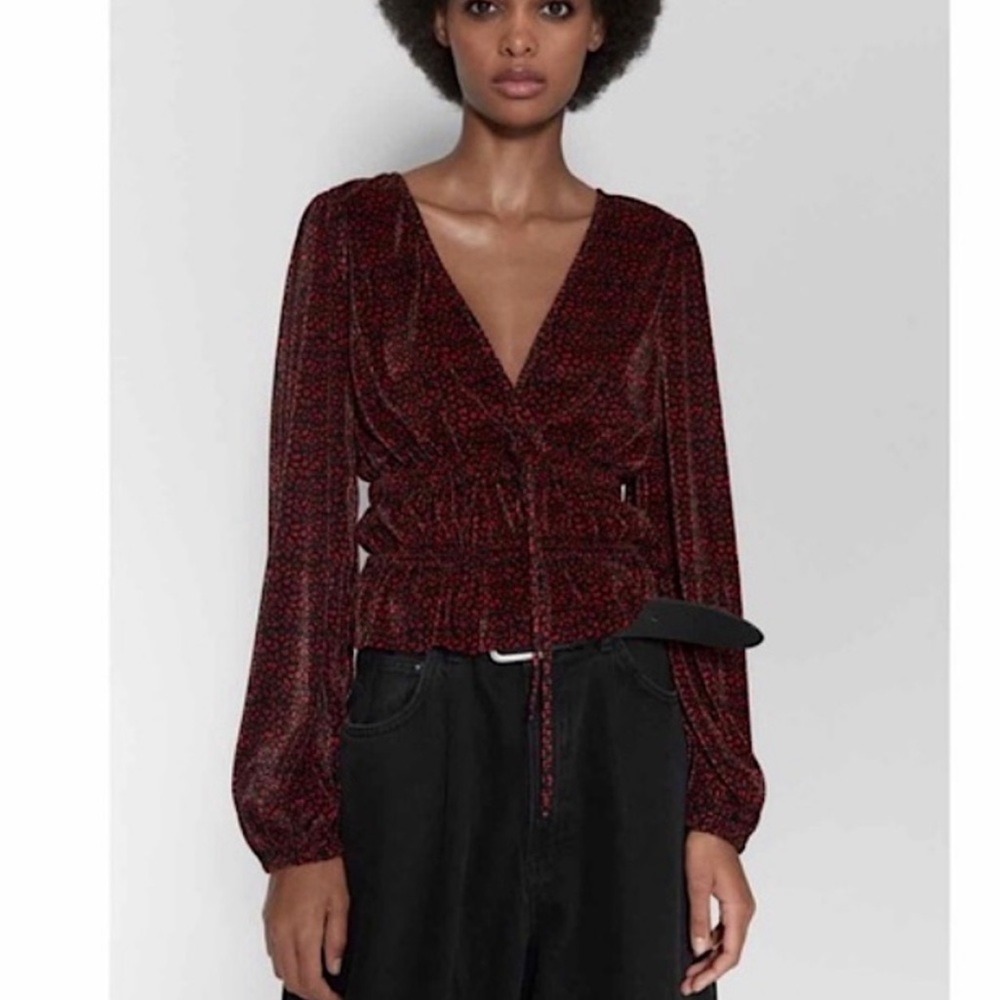 Zara Pleated Faux Wrap Top Black/Red size Medium